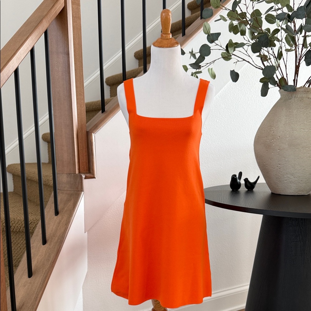ZARA Vibrant Orange Mini Dress, Square Neck, Sleeveless Shift Dress Size S NWT